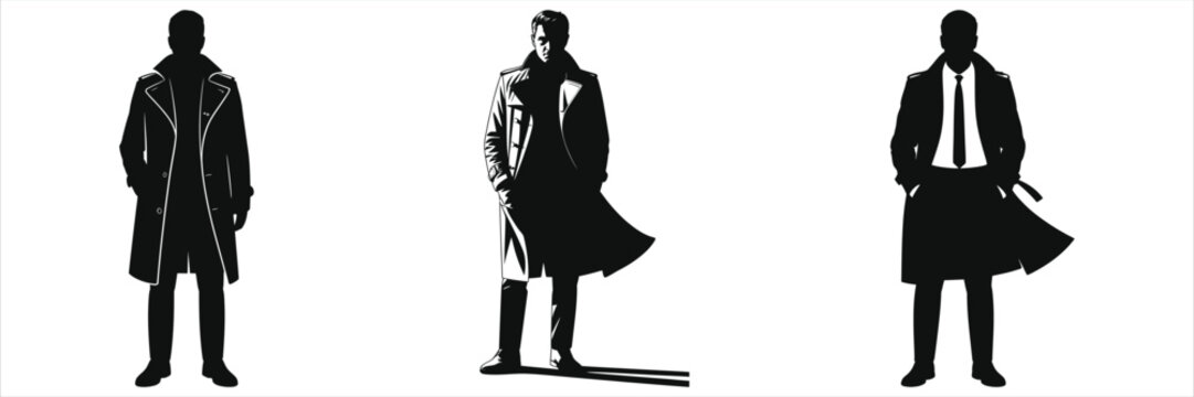 Mysterious Men in Trench Coats Silhouette Vector Set. Noir detective and spy style illustrations, perfect for thriller, film, and book cover design projects.