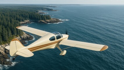 Sport plane soars over the picturesque coast of Maine showcasing stunning scenery