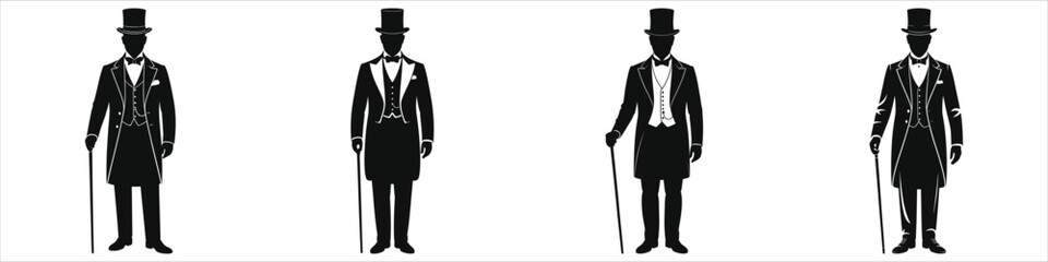 Victorian Gentlemen Silhouette Set – Elegant Vintage Men in Top Hats, Tailcoats and Canes – Classic Formal Suit Vector Illustration for Retro Fashion, Historical Costume Design, Wedding, Event Graphic