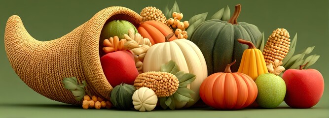 3D cornucopia filled with pumpkins, squash, and apples on an olive-green backdrop