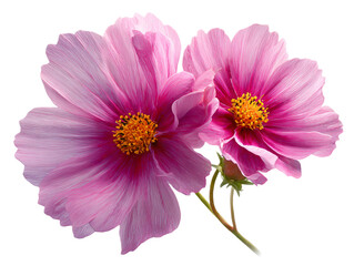 Two pink cosmos flowers isolated on transparent background in full bloom