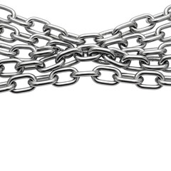 Fototapeta premium Highly polished, reflective chrome chains intricately interwoven and elegantly draped on a transparent background with ample copy space below, studio lit to highlight sharp contours. Concept of