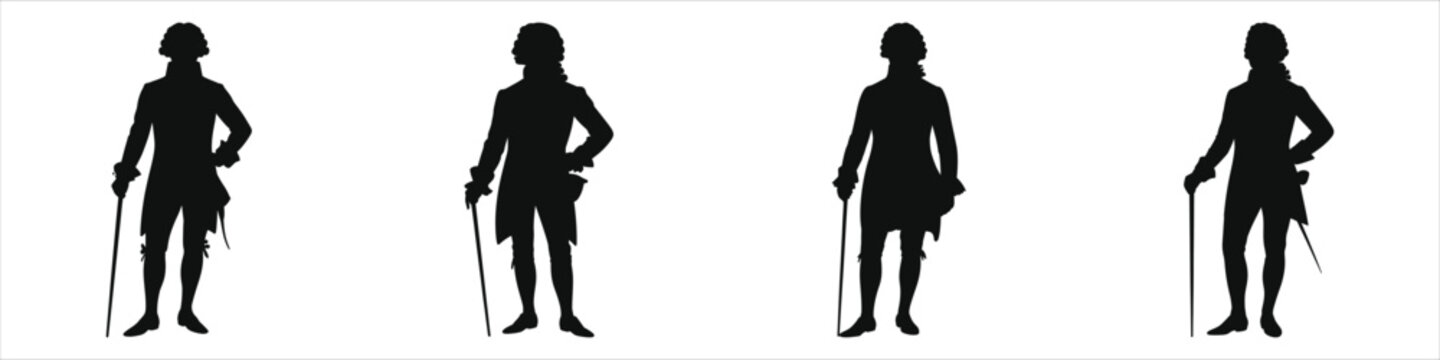 Four 18th century gentlemen silhouettes with canes &ndash; Georgian Regency fashion, vintage aristocrat figures, historical costume illustration, black silhouettes isolated on white, elegant males posed set