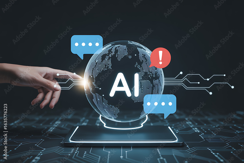Poster human hand interacting with a glowing ai brain hologram on a digital circuit board with chat bubbles