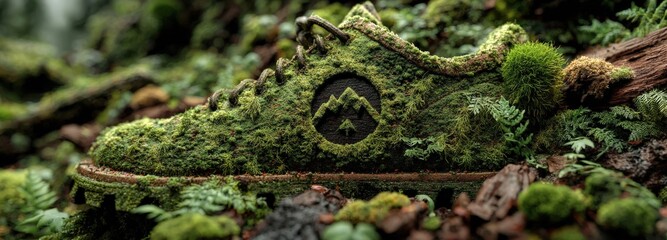 Exploring autumn paths with a minimal boot print and mountain ridge icon on mossy ground
