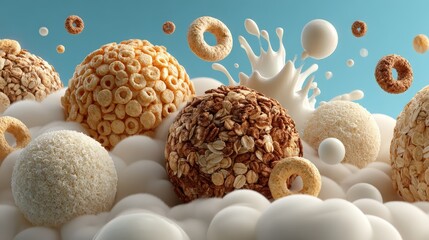 Minimalist cereal vignette with granola and milk droplets floating in pastel sky