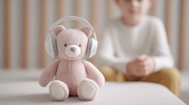Children behavior improvement concept. Cute teddy bear wearing headphones with a child in the background, creating a cozy atmosphere.