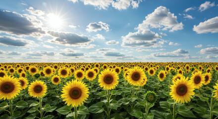 A vast field of sunflowers stretches to the horizon under a bright sun and a blue sky dotted with fluffy white clouds.