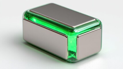 Solid praseodymium metal ingot with emerald edge highlights in polished silver finish