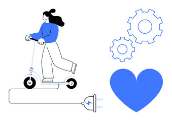 Woman riding an electric scooter connected to a charging plug next to a large heart and gear icons. Ideal for sustainability, green energy, eco-living, electric mobility, innovation, teamwork, simple