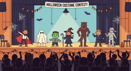 Children in Halloween costumes participate in a school costume contest, showcasing their creative outfits to an enthusiastic audience.