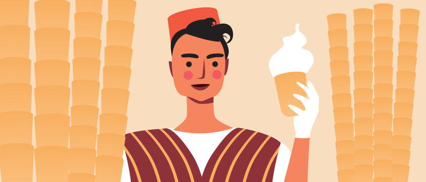 Turkish ice cream vendor at food festival, Flat vector stock illustration as a concept Local Cultural Experiences