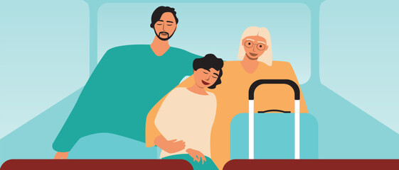 Family travel of parents with children in bus, flat vector stock illustration as concept difficult moments of family travel such as moments of exhaustion