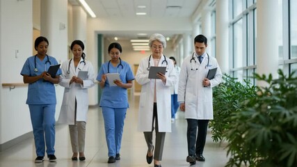 Diverse team of medical professionals, doctors and nurses, walking down a hospital corridor with tablets and clipboards - Powered by Adobe