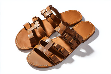 Pair of sandals isolated on white background, Selective focus vacation shoes on white background, Leather sandals for summer holiday.
