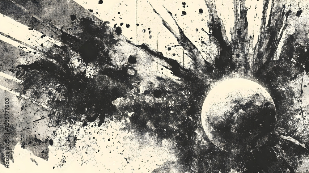 Poster a dynamic and chaotic abstract illust n featuring a dramatic explosion of dark textured ink splatter
