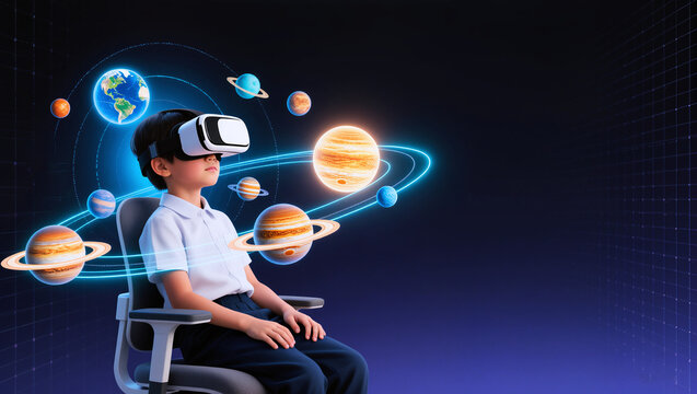 A young Asian boy wearing a VR headset explores the solar system in a virtual reality environment.