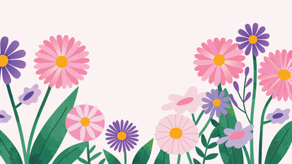 Illustration of pink and purple flowers with green leaves on a light background forming a floral border