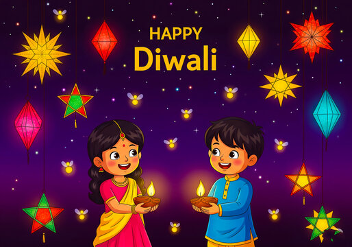 Joyful indian children celebrating diwali with diyas and colorful lanterns under a starry night sky - Powered by Adobe
