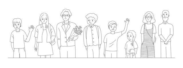 Obraz premium People of various ages in outline cartoon style.