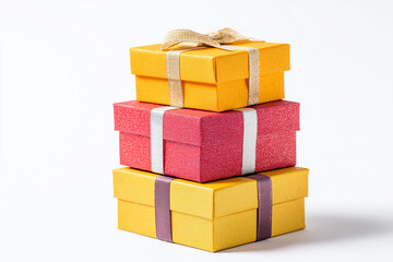 Obraz premium Stack of christmas theme gift box isolated on white background, Selective focus present box with red paper wrap.