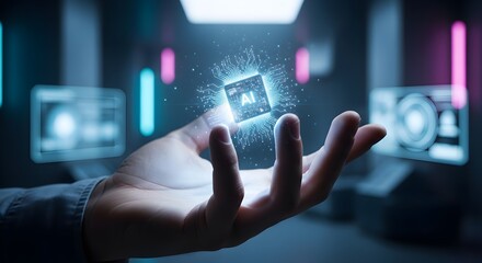 A hand hovers over a glowing, futuristic AI chip in a technology-filled room.