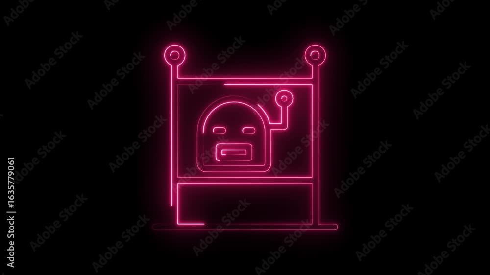 Poster glowing neon robot head icon with circuit lines and circular element on black background futuristic