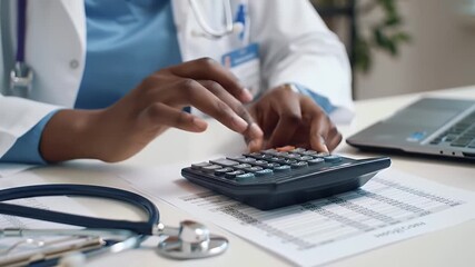 Dark Skinned Hands Using Calculator on Financial Documents with Stethoscope and Laptop - Powered by Adobe