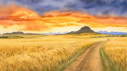 Fototapeta premium Golden wheat field sunset landscape