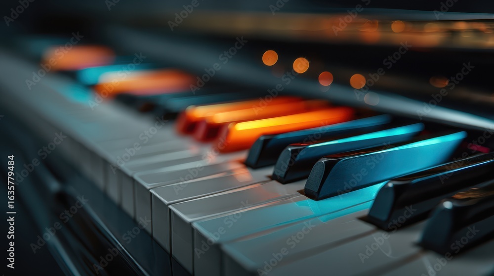 Poster a close-up view of a piano keyboard, showcasing colorful illuminated keys against a blurred backgrou