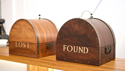 Two wooden chests, one light brown, one dark brown, labeled "Lost" and "Found.