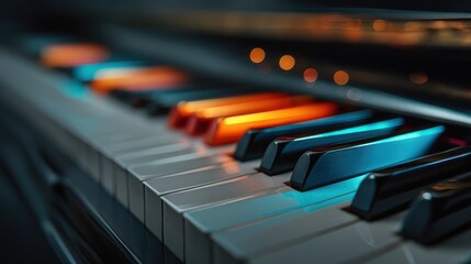 A close-up view of a piano keyboard, showcasing colorful illuminated keys against a blurred background.