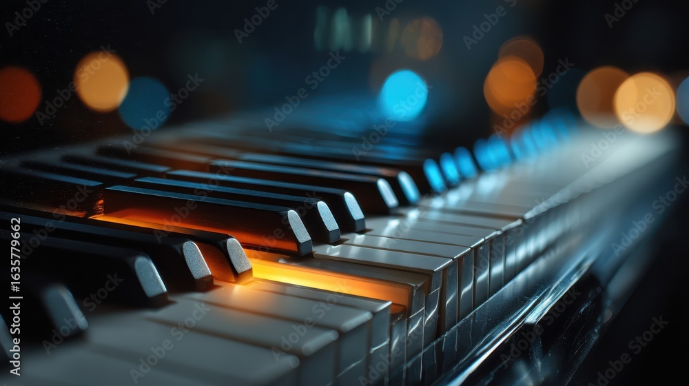 Poster a close-up of a piano keyboard with illuminated keys, showcasing a blend of colors and bokeh lights,