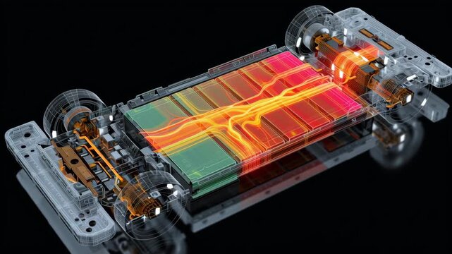 Cross section electric vehicle battery pack energy flow internal components transparent chassis glowing wiring futuristic technology visualization black background wheels next generation design