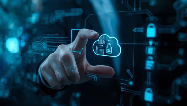 Conceptual close-up of a virtual digital key in a synthetic hand accessing a cloud interface, representing encrypted data access and secure cloud computing technology - Powered by Adobe
