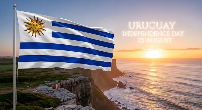 Celebrating Uruguay's Independence Day on August 25th with the national flag waving proudly over a scenic ocean sunrise.
