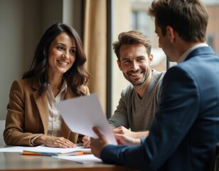 Happy couple engaged in conversation with advisor realtor or financial consultant review agreement details ready to sign contract get professional services feel satisfied with bank loan approval