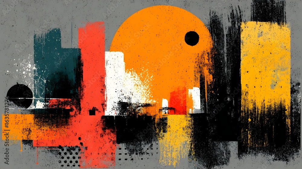 Poster a striking abstract grunge illust n featuring a dynamic composition of bold layered geometric shapes