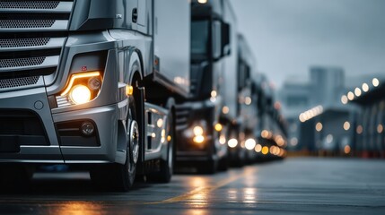 A close-up view of a modern truck parked amidst other trucks, showcasing its sleek design and illuminated headlights, set against a blurred urban background.