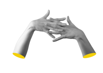 Pair of female hands with interlaced fingers in clasped posture, symbolizing connection and
