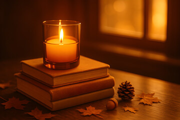Amber Glass Candle on Cloth Books with Acorn, Pinecone, and Autumn Leaves in Warm Light