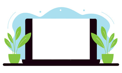 Laptop with Blank Screen and Plants on Desk, Modern Workspace Illustration