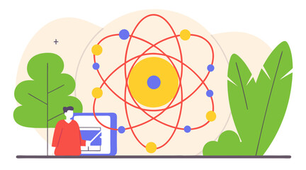 Abstract atomic structure with orbiting electrons, glowing quantum energy lines, and digital particles