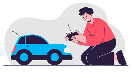 Boy kneeling on the floor, smiling and playing with a remote control car. The car is in motion with playful movement lines