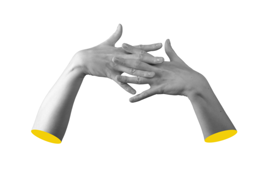 Pair of female hands with interlaced fingers in clasped posture, symbolizing connection and