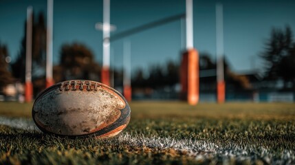 A weathered rugby ball resting on the grass field, with goalposts visible in the background under a clear blue sky.