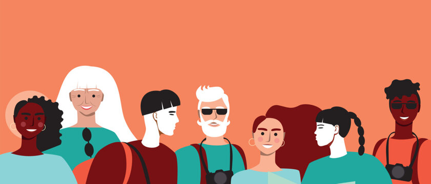 Group of people traveling together, flat vector stock illustration with people tourists as copy space template for overlay and design
