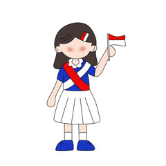 Girl Waving Small Indonesian Flag Cartoon