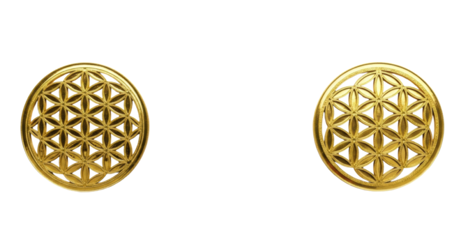 Three identical, intricately detailed golden Flower of Life symbols, highly reflective metallic with subtle glitter, arranged horizontally on a transparent seamless background, top-down view, no