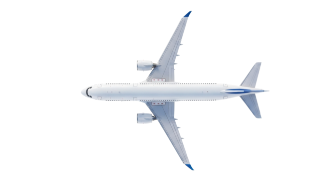 A commercial passenger airplane with a transparent fuselage and blue accents, two large turbofan jet engines, presented statically against a transparent, shadowless studio background with top-down